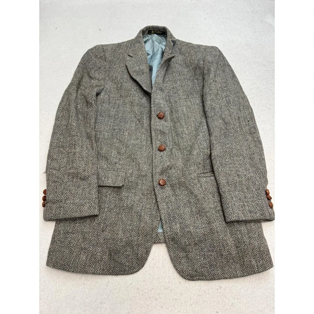 Harris Tweed Blazer Mens 36 Gray Herringbone Wool Sport Coat Jacket USA